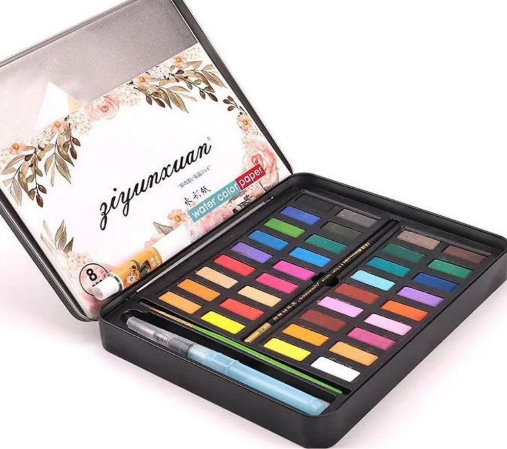 Conjunto de Tinta Aquarela Em Pastilhas para Artes, Estojo de Metal com 36 Cores, com Lápis, Caneta Pincel de Água, Pincel e 8 folhas de Papel para Aquarela