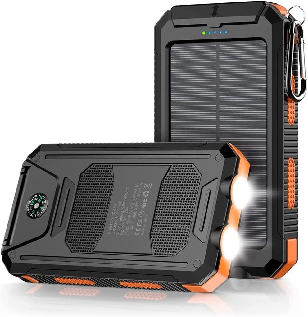 Portable Solar Power Bank Charger - 36800mAh 5V3.1A 18W PD QC 3.0 Dual 2 USB Ports Built-in Powerful IPX7 Dustproof Shockproof Flashlight (Orange)