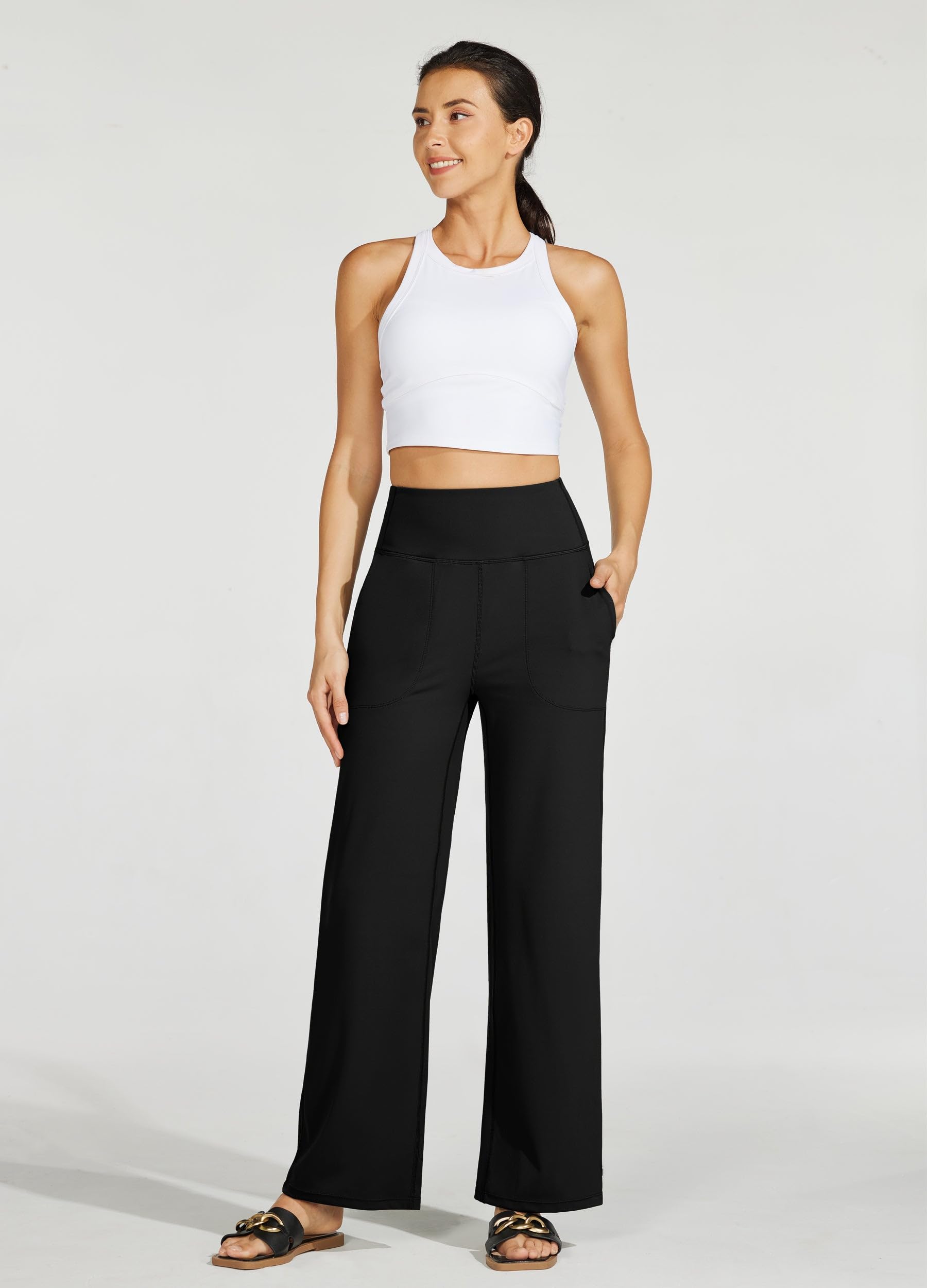 WILLIT Yogahose Damen Weites Bein Sporthose Hohe Taille Yoga Hosen Bauchkontrolle Schlaghose Freizeithose Frauen Jogginghose mit Taschen 28"/30"