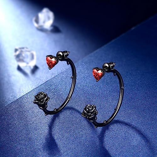 Beautlace Rose Hoop Earrings Sliver/Black Gun Plated Cute Elegant Flower Earring with Birthstone Jewelry Gifts for Women KE01024