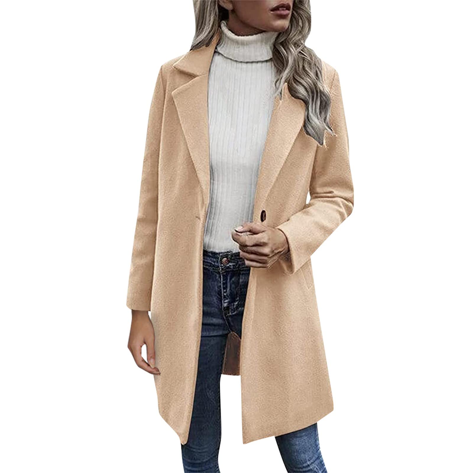 Womens Winter Jacket Elegant Long Wool Blend Jackets Over Big Notch Lapel Pea Coats Small Beige
