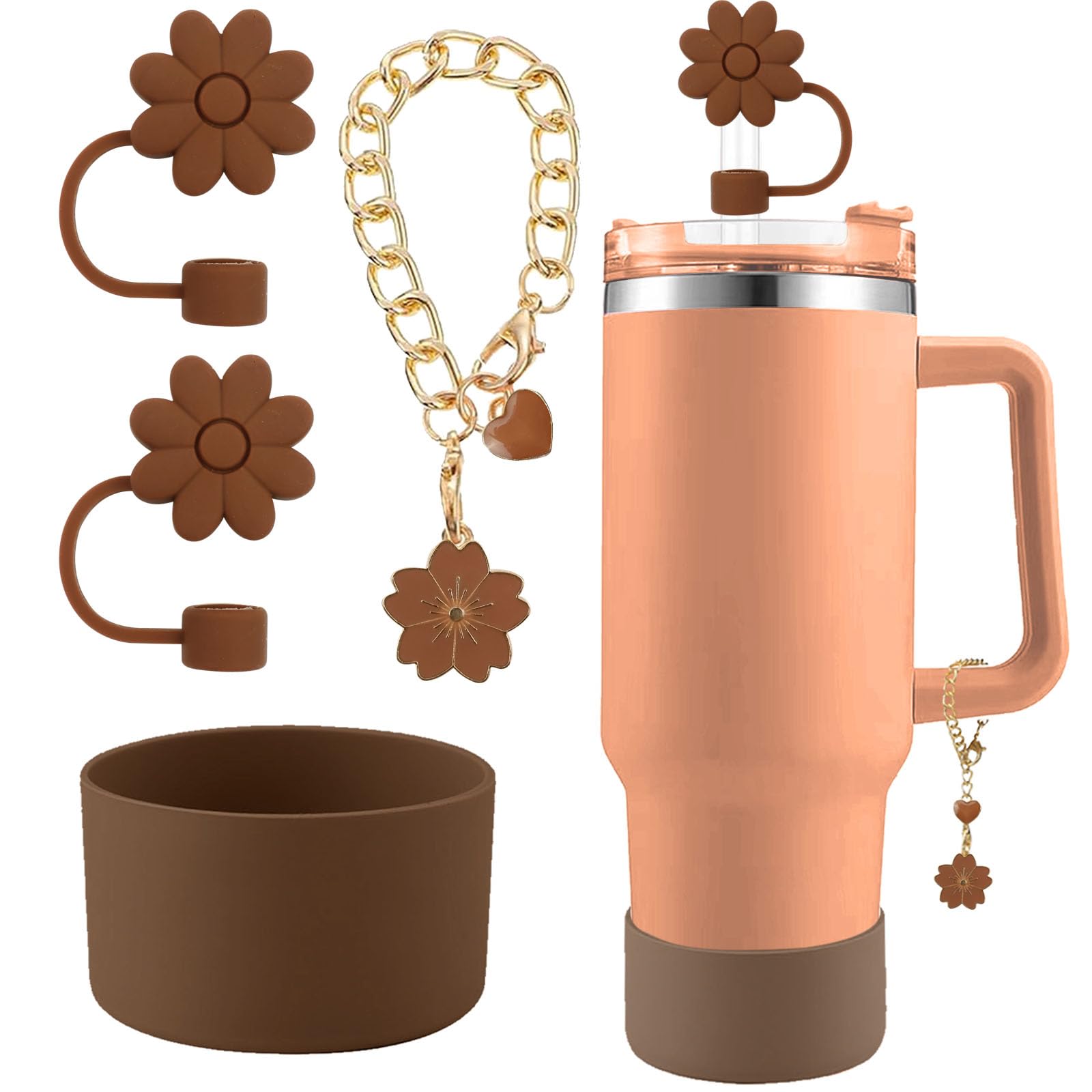Amazon.com: SEMATA Accessories for Stanley Cup Set,2Pcs Flower Straw Cover  Caps 10mm Reusable Brown Straw Toppers,1Pcs Cute Handle Charm and 1Pcs  Silicone Boot Sleeve for Stanley 30&40oz Tumbler : Sports & Outdoors