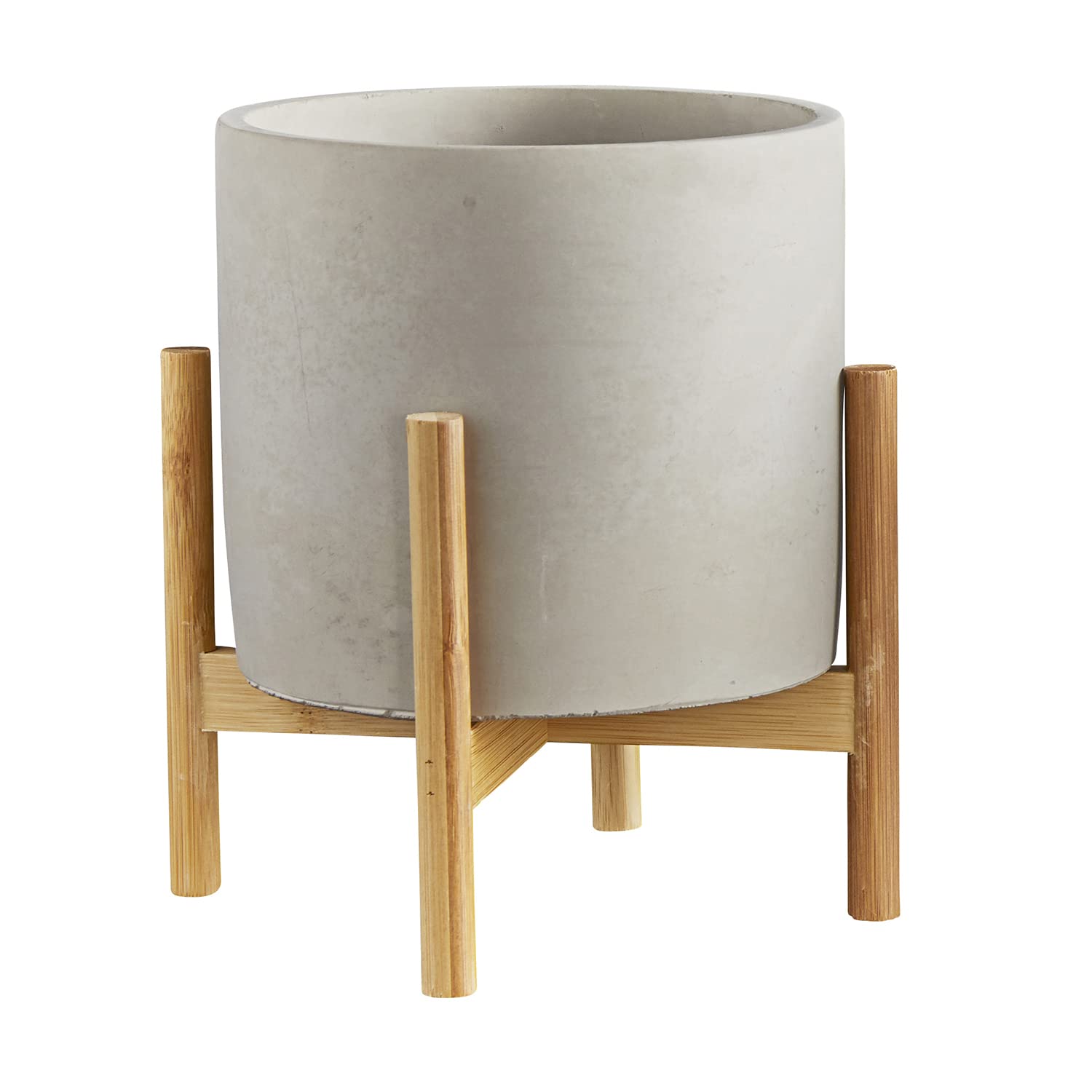 47th & Main Mid-Century Modern Wooden Plant Stand with Cement Planter for Succulents Flowers and More, Large, Light Grey