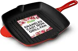 NutriChef Frigideira para bife de ferro fundido esmaltado de 28 cm - Frigideira quadrada com bico de gotejamento, para todos os cooktops, marcas perfeitas para churrasqueira - NCCIES47