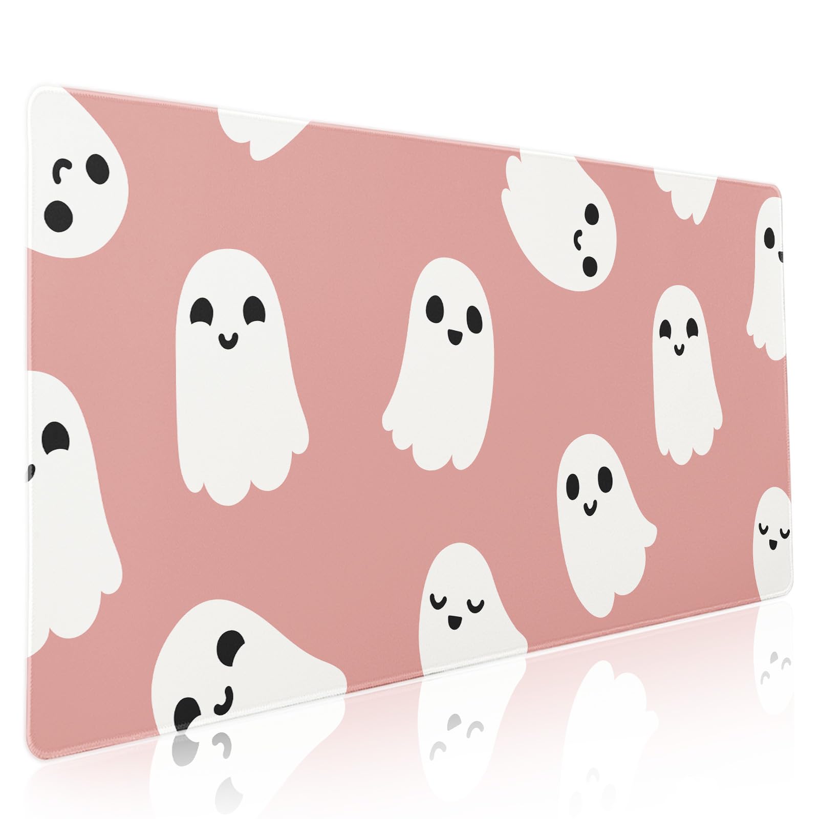 Halloween Cute Ghost Mouse Pad Kawaii Cartoon Spooky Funny Spirit Extended Desk Mat Non-Slip Rubber Base Stitched Edge Large XXL Pink White Mousepad for Gaming Laptop Computer Desktop 35.4×15.7 in