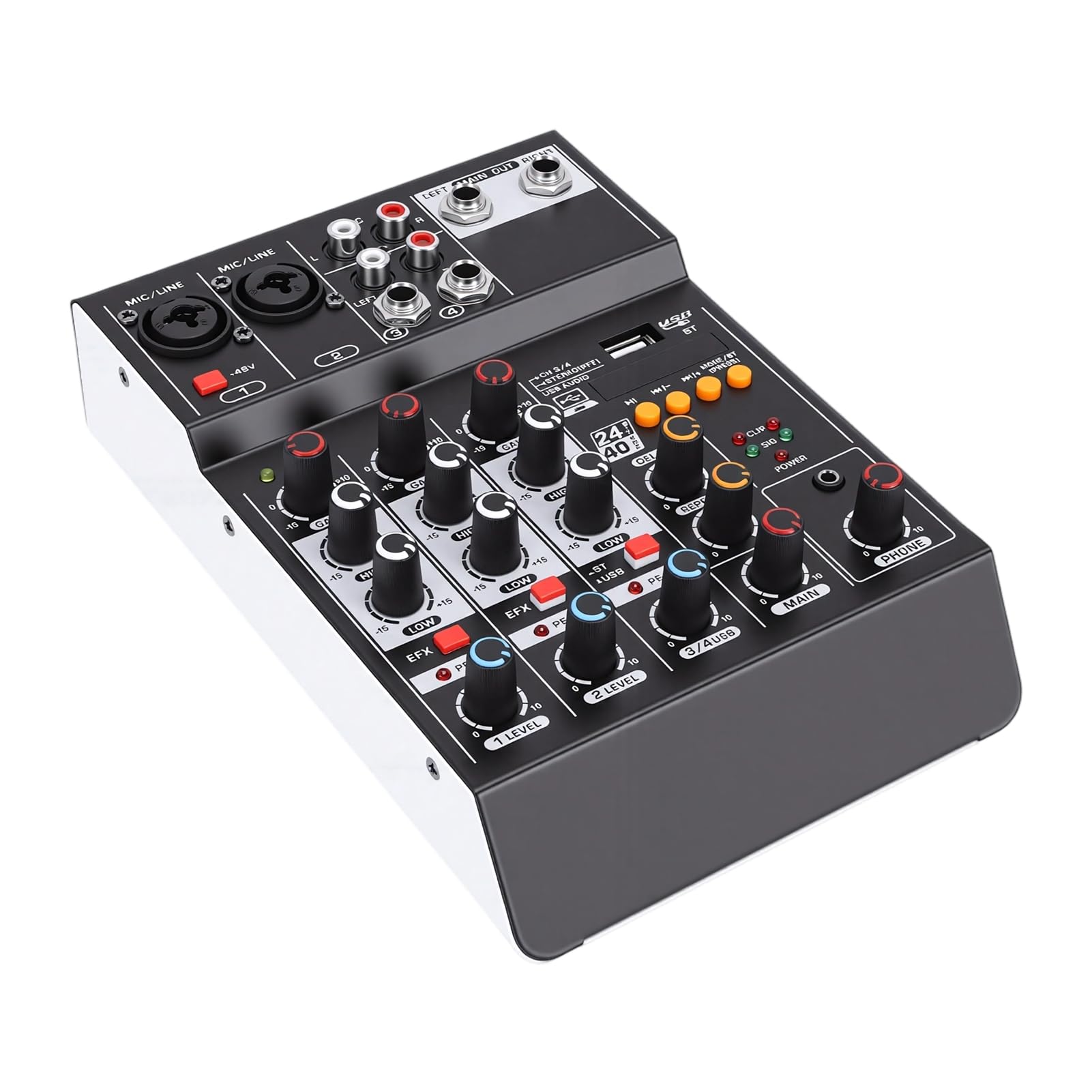 Professional 4 Channel Sound Mixer, Bluetooth 5.3 USB Audio Interface with 48V Power, Portable Stereo DJ Console for PC Recording, Studio, Karaoke, Live Streaming