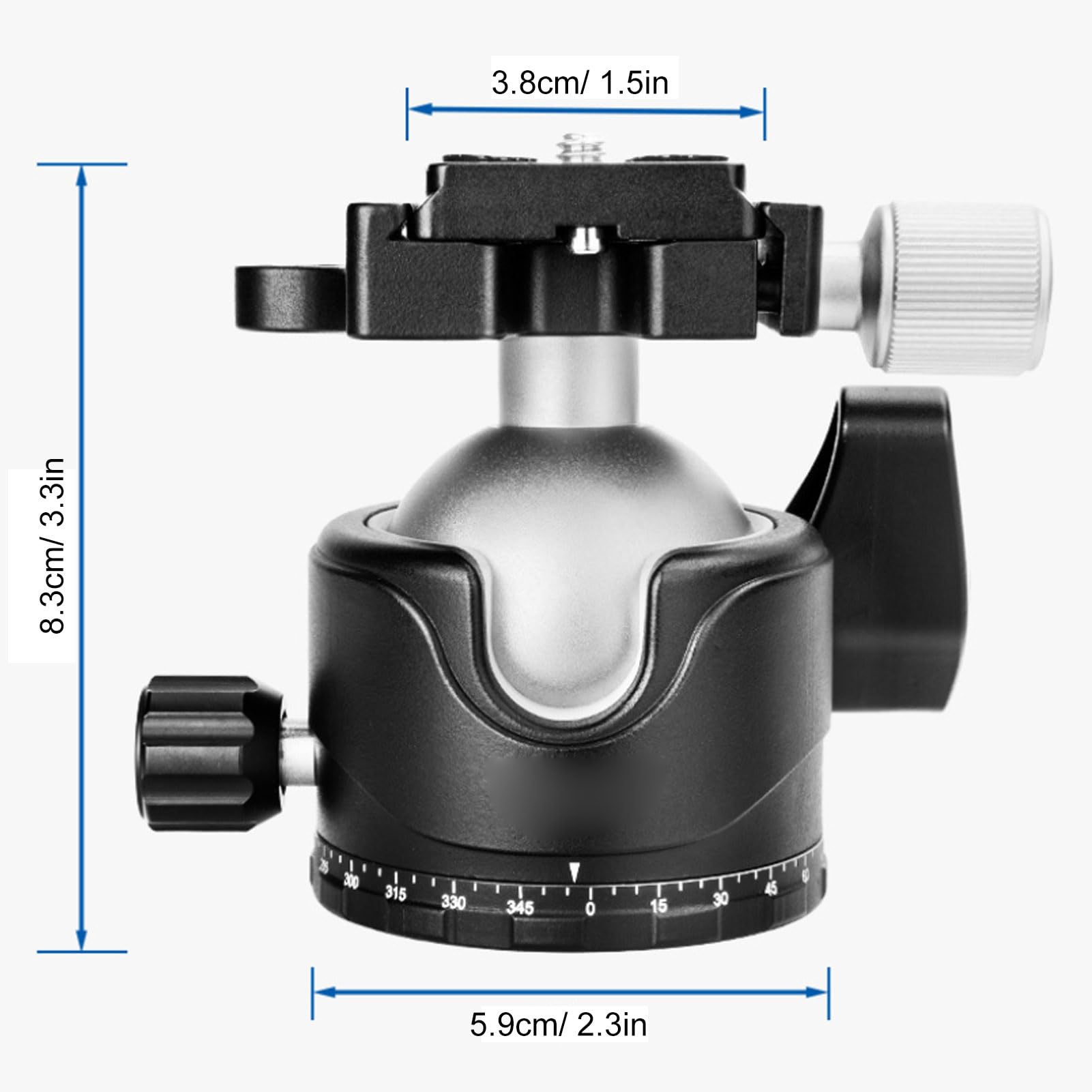 Testa a Sfera a Basso Profilo, Testa Panoramica per Treppiede in Metallo da 46 Mm con Piastra a Sgancio Rapido da 1/4 Pollici, 3 Manopole di Bloccaggio Separate per Treppiede