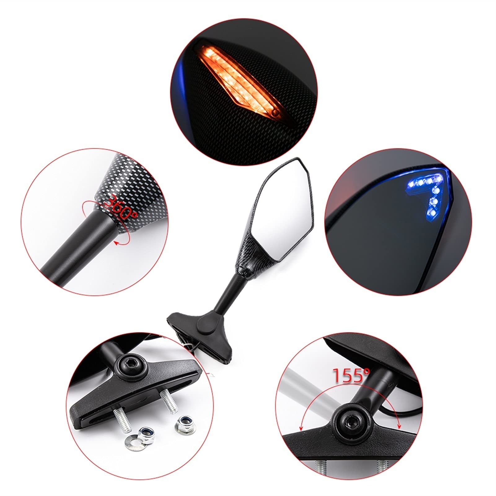 Rétroviseurs latéraux avec Clignotants intégrés en Fibre de Carbone pour Motos Yamaha YZF R1 R6 FZ1 FZ6 600R R3