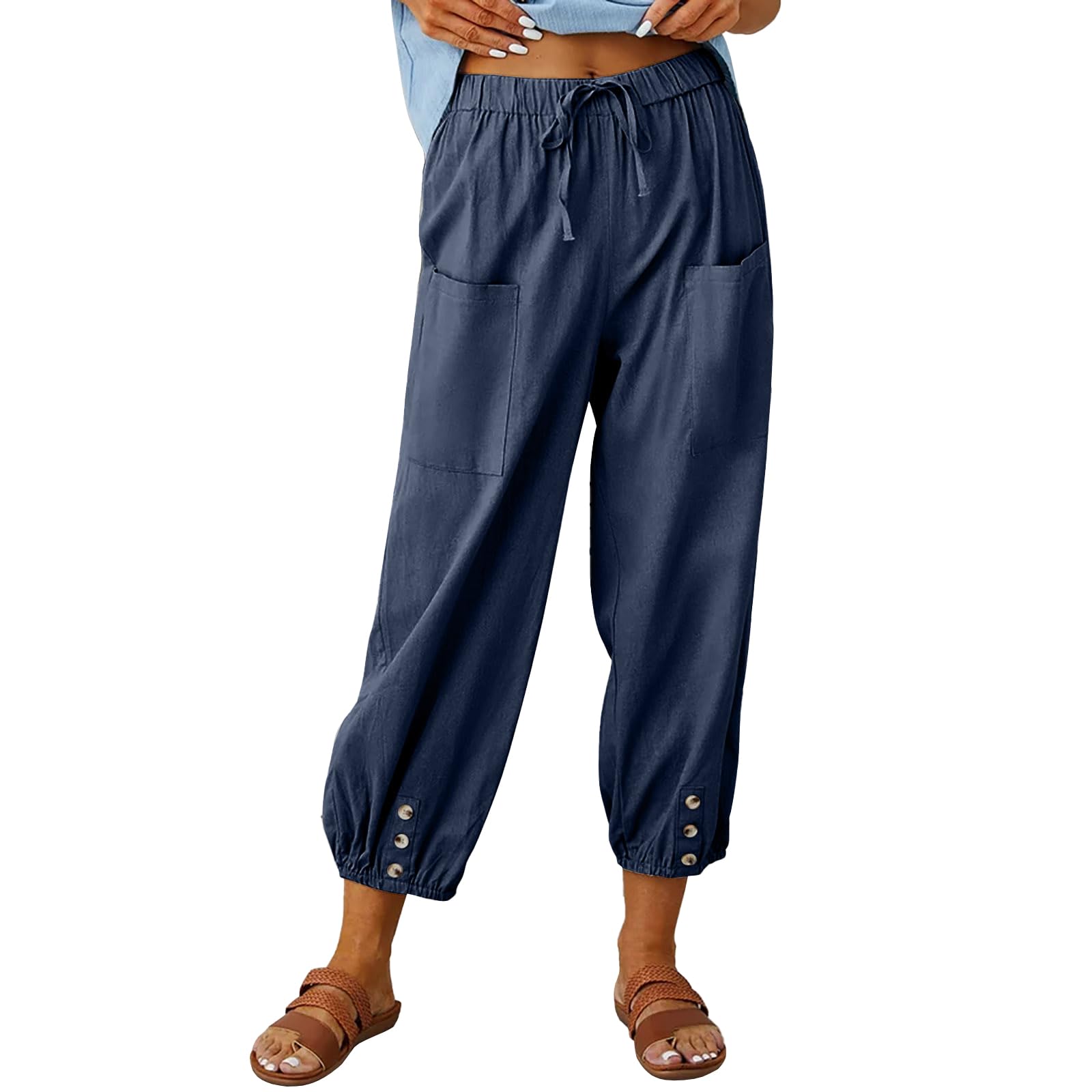 CrystErzoix Pantaloni Donna Estivi Leggeri Cotone Pantaloni a 7/8 Gamba Larga Casual Pantaloni Cropped Harem Pants Elastici in Vita per Spiaggia Vacanze