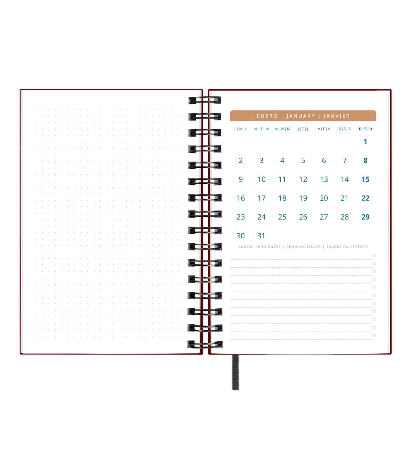 2022 2023 Calendar - Garnet - Week to View A5-14.5 x 21.2 cm Spanish-English with Index Tape Papertrac, Garnet red - Image 4