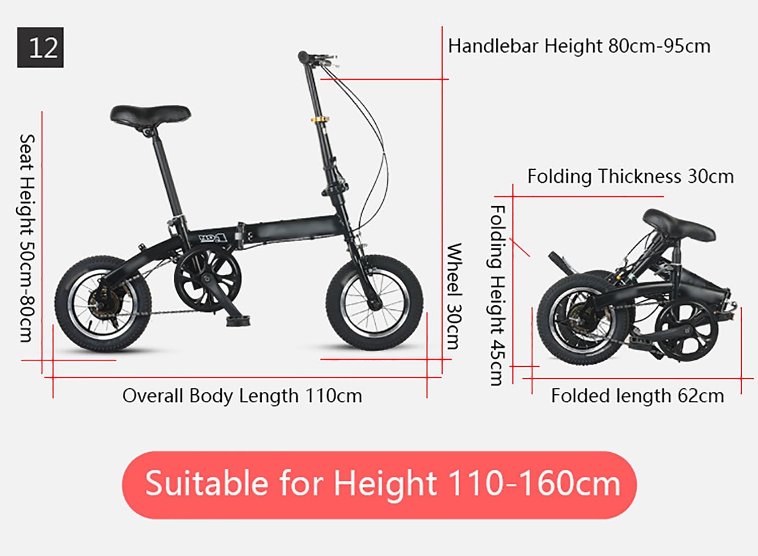 Vélo pliant pour adulte et Enfants, 12 pouces, vélo de camping, de montagne, Vélo de Ville avec Garde-Boue, Vélo d'extérieur pour Homme Femme A