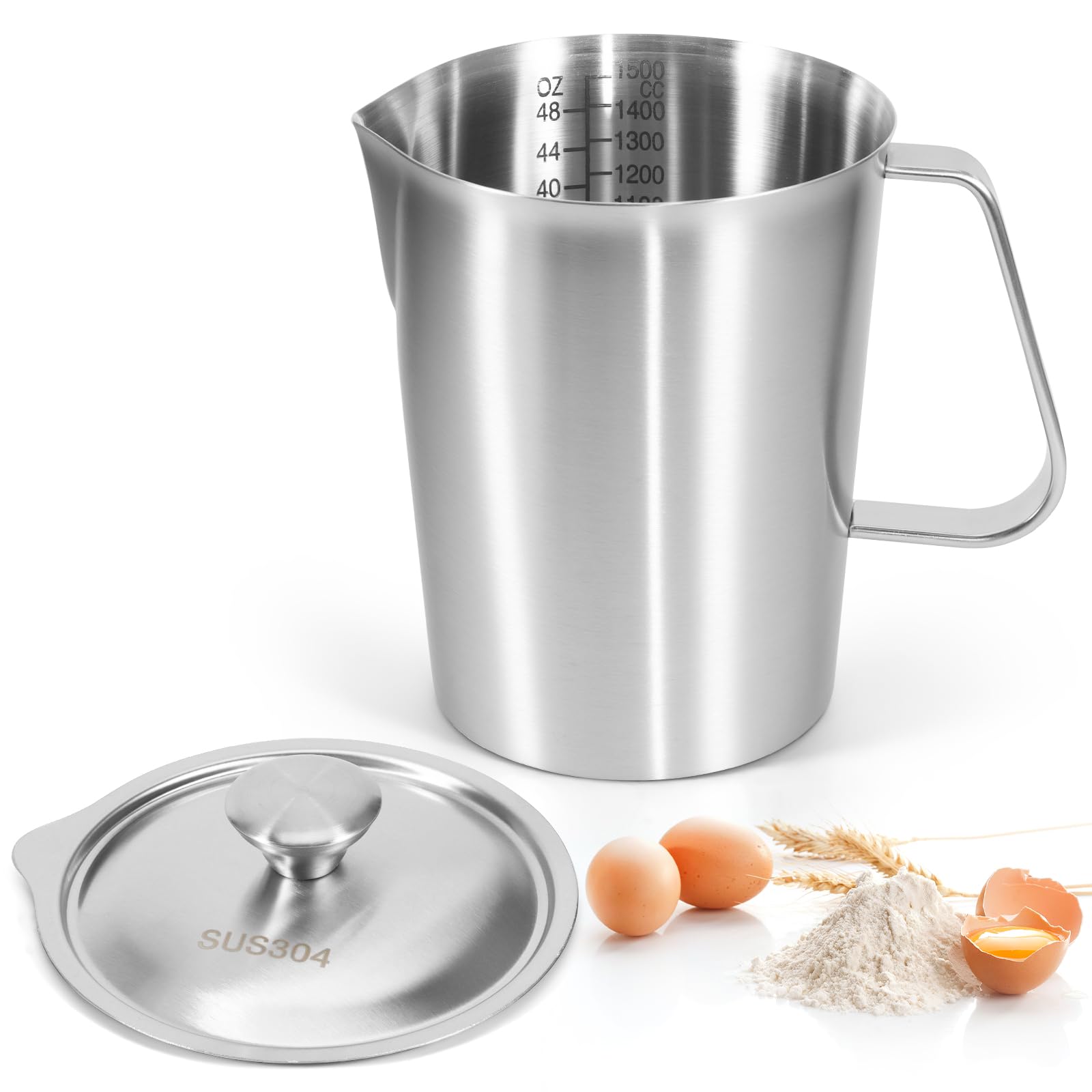 Bryzal 1500ML Milk Frothing Pitcher, Stainless Steel Milk Jug with Measurement Mark and Lid, Metal Big Coffee Jug for Making Latte Art Cappuccino Coffee Espresso