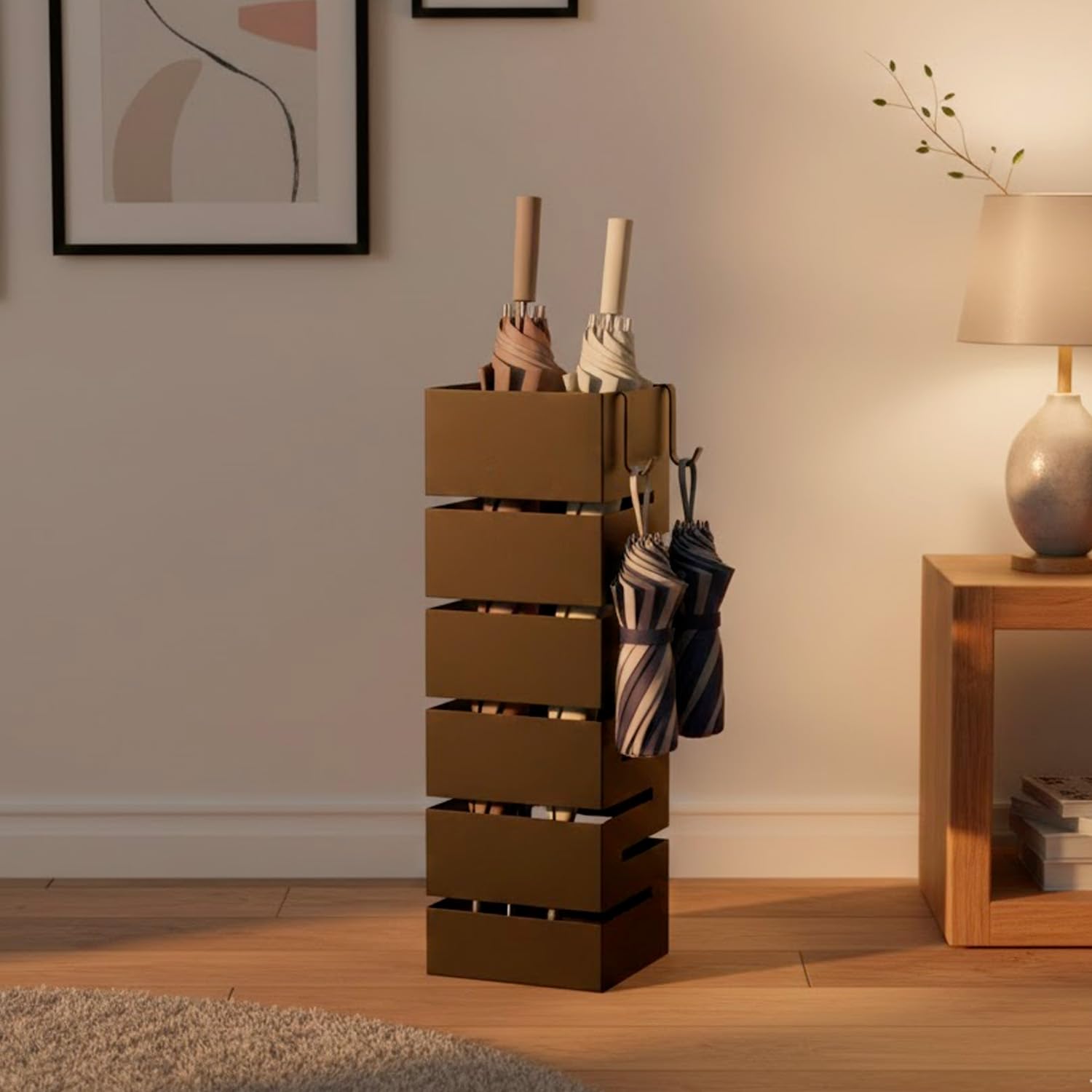 Bricozone Portaombrelli In Metallo Moderno Da Interno Ed Esterno Con Vaschetta Scolapioggia E Ganci Removibili Design Elegante Per Ingresso Casa E Ufficio (Nero)