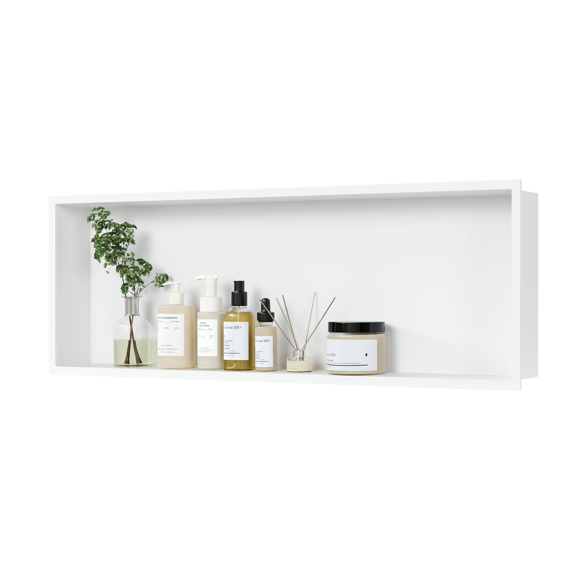 Qeke 304 Stainless Steel Recessed Shower Niche, Waterproof Built-in Wall Caddy with Flange, Easy to Installation, Rustproof for Bathroom & Kitchen, Single Layer, 90x30x10 CM, White