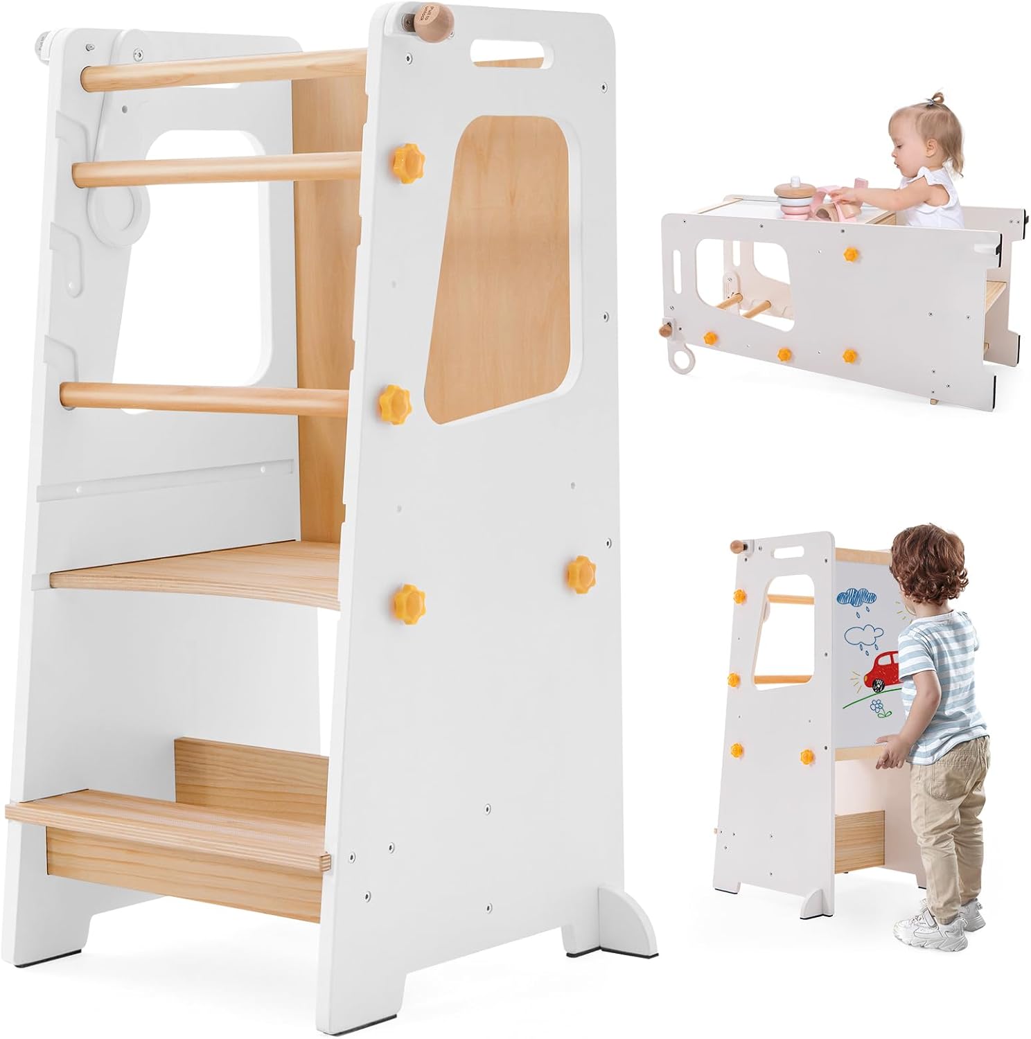 4 in 1 Toddler Kitchen Tower, Kids Kitchen Stool Helper, Standing Tower with Convertible Table and Chair, Toddler Step Stool with Adjustable-Height,Whiteboard and Safety Rail for Counter Sink (White)