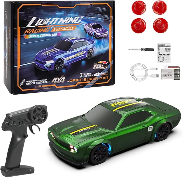 1h43 Mini RC Voiture dérivante, 4WD15KM/h Portable RC Voiture de drift 2,4 GHz sans interférence, LED lumières & Commutateur de vitesse. Drift sur les ordinateurs de bureau, bureaux & Planchers. Construit Tough, prêt à courir!