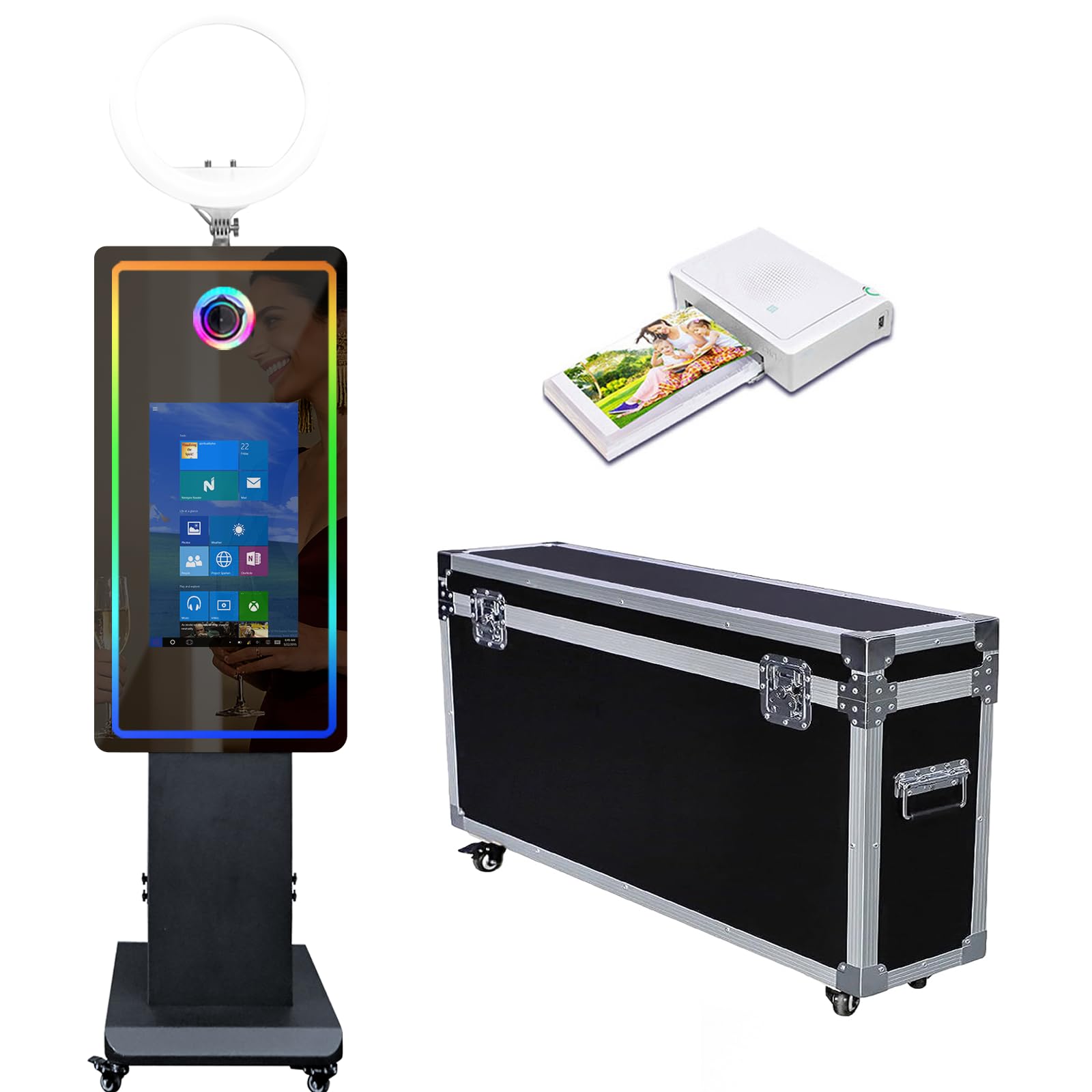 Aparat do fotobudki z ekranem dotykowym 54.6 cm, lustrzana budka do selfie ze światłem RGB i futerałem lotniczym, fotobudka na imprezy (czarna, maszyna + drukarka)