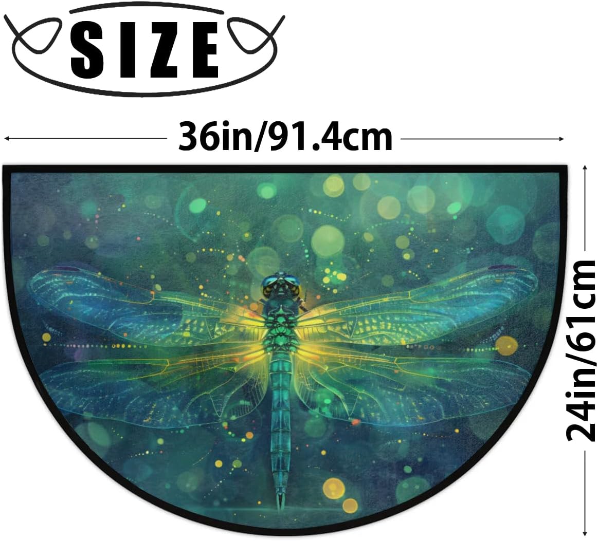 cfpolar Half Round Door Mat Dragonfly Animal Green Non-Slip Semi Circle Area Rug Washable Half Moon Hearth Rugs for Indoor Outdoor Bathroom Kitchen Patio Runner Mat Laundry Room Home Decoration