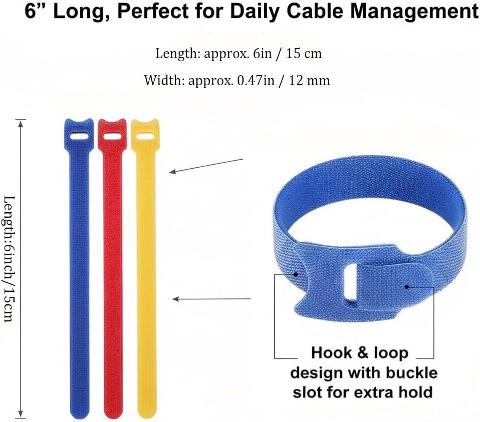 180PCS 6-Inch Reusable Hook and Loop Cable Ties, Hook and Loop Straps for Cords and Wires, Multi-Color Cord Organizers for Home, Office, Garage (Black, White, Red, Yellow, Blue, Green)
