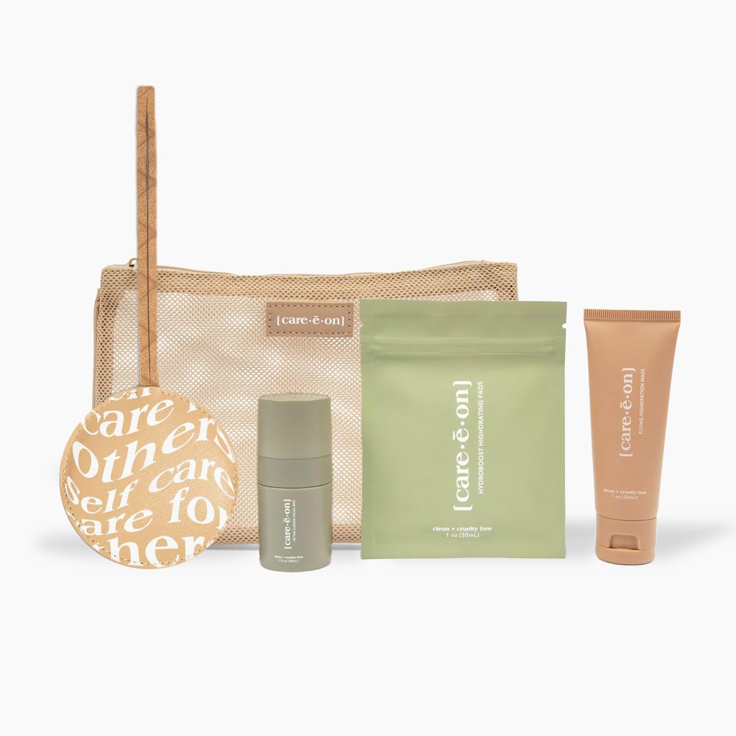 Careeon En Route Essentials Skin Care Kit with Luggage Tag 100% Vegan Leather Minimalistic Loop Design with Clear Window (tan) – Amazon Exclusive