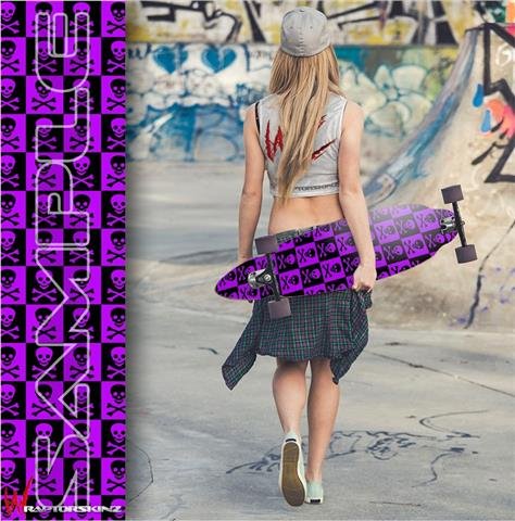 Skull Checkers Purple - Decal Style Vinyl Wrap Skin fits Longboard Skateboards up to 10
