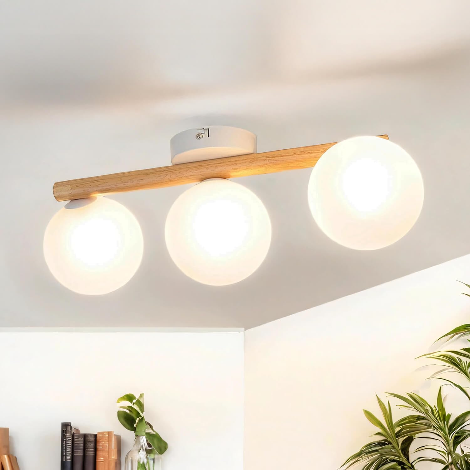Licht-Erlebnisse Plafón cristal madera metal 47 cm largo G9 en blanco claro 3 luces lámpara de techo moderna pantalla esférica salón cocina iluminación pasillo
