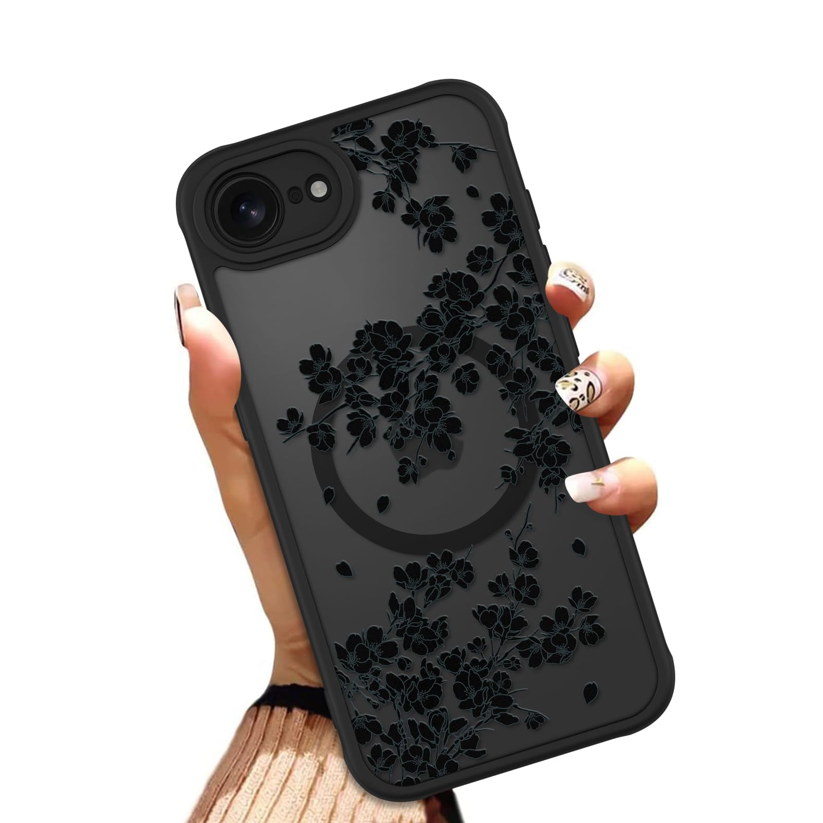 OOK Case for iPhone 16e 2025 (Compatible with MagSafe) Floral Flowers Design Phone Cover Soft TPU + Hard PC Anti-Scratch Shockproof Magnetic Case for Women - Black