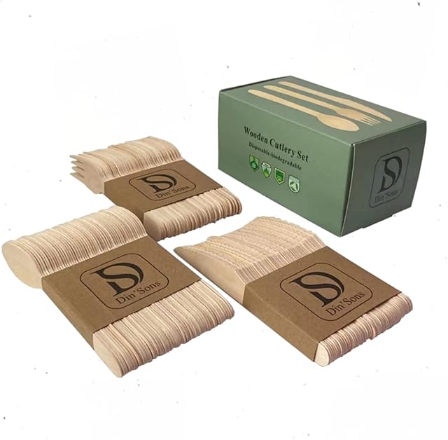 DIN'SONS 150pcs Disposable Wooden Cutlery Set | Eco Friendly Biodegradable Compostable | Used for Party Wedding Picnic | Wooden Spoon 50, Forks 50, Knives 50