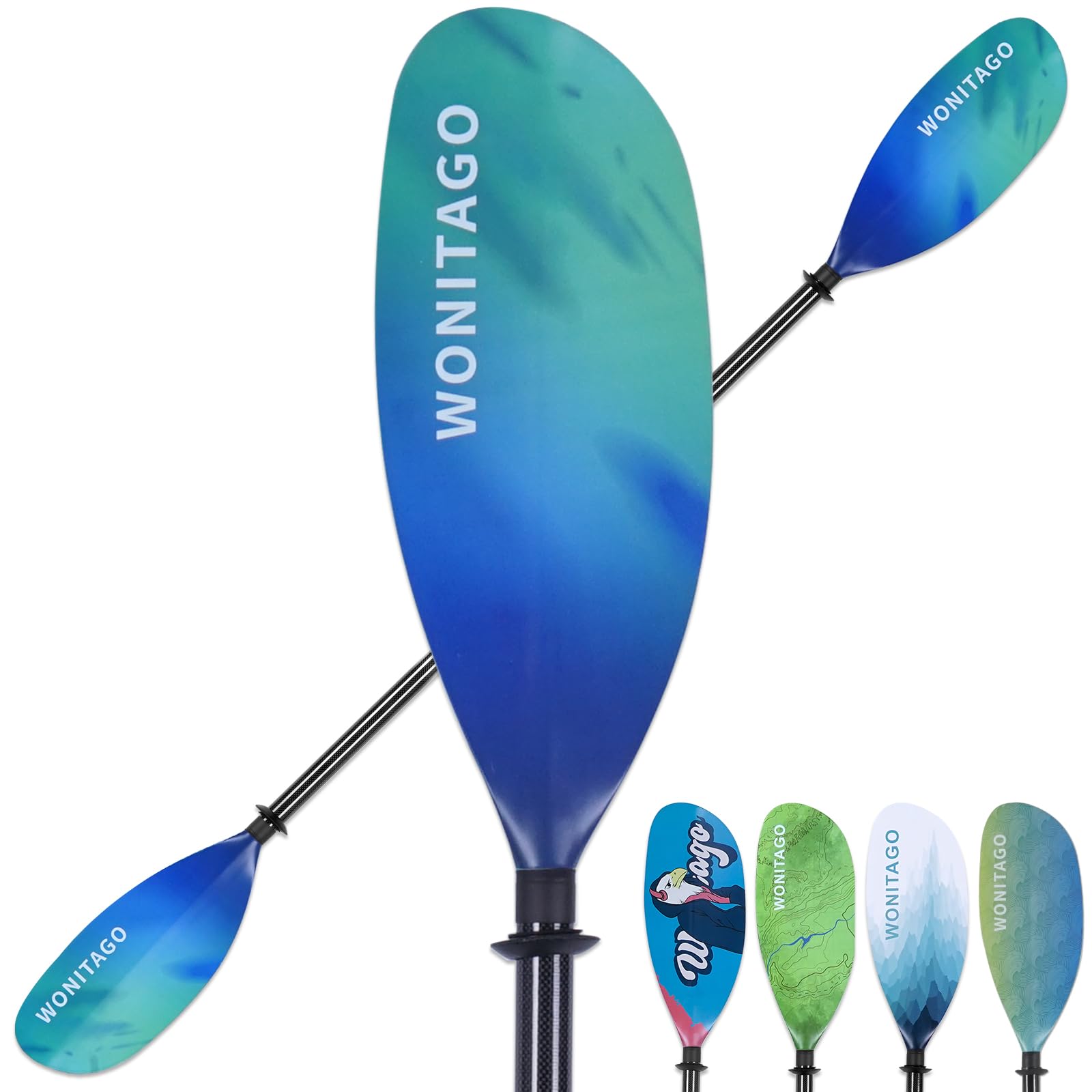 wonitago kayak paddles carbon fiber shaft paddle with nylon blades, floating adjustable kayaking oars, 3 piece, 230-250 cm/90-98 inches gradient blue