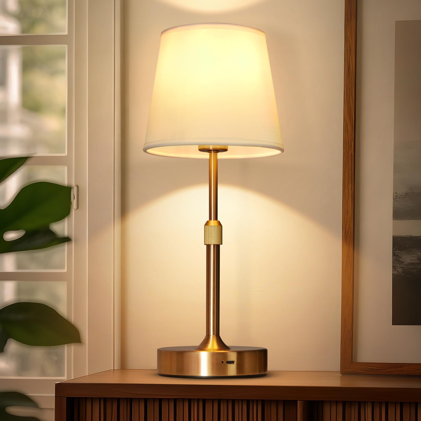 Lampada da comodino ricaricabile, lampada da tavolo dimmerabile a batteria, 6000 mAh, lampade da comodino wireless con paralume in tessuto, luci dorate portatili con controllo touch per camera