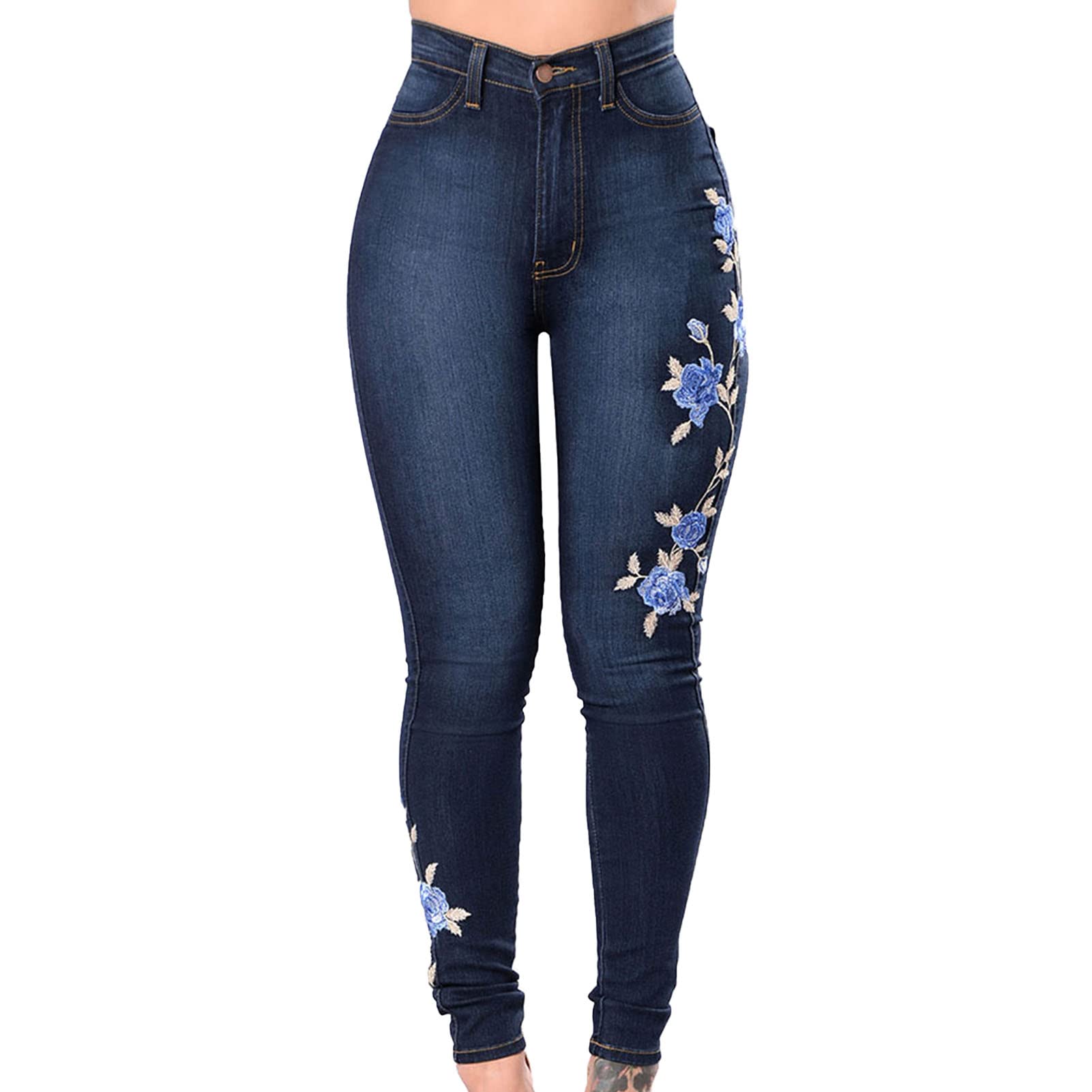 Women's Floral Embroidered Denim Pants Waisted Stretch Slim Skinny Jeans Sexy Button Fly Pencil Jean Trousers (Dark Blue,Small)