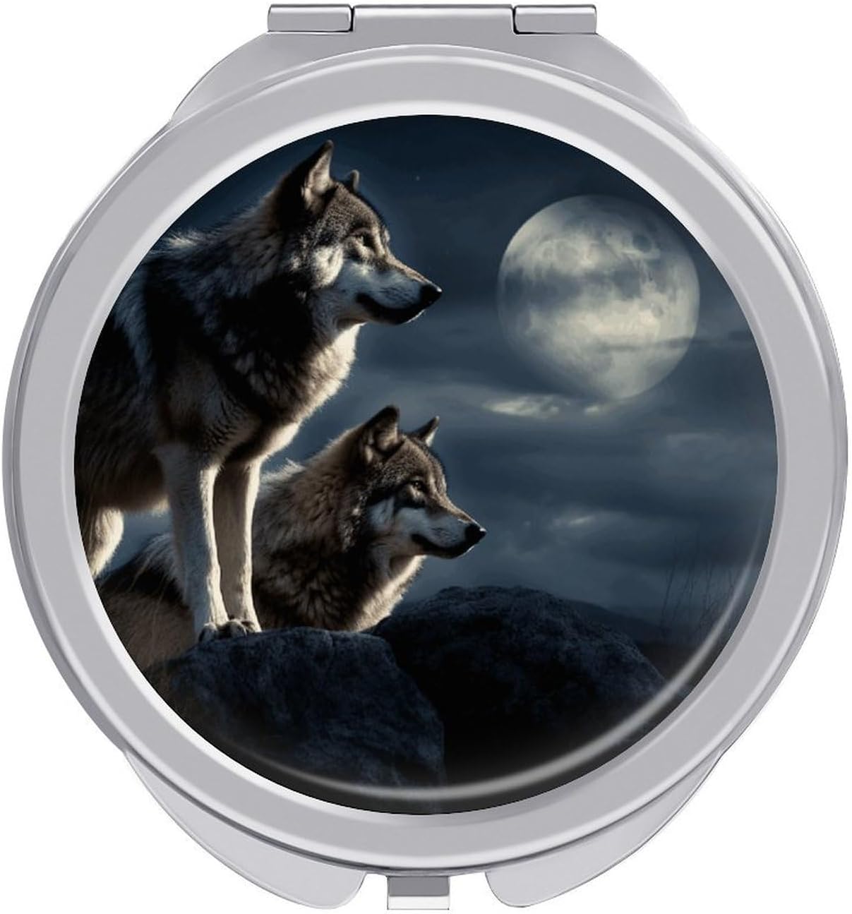 Wolves in The Moonlight Makeup Mirror Compact Round Travel Makeup Mirror Portable Folding Handheld Pocket Mirrors for Handbag and Purses Gift Mini Mirrors