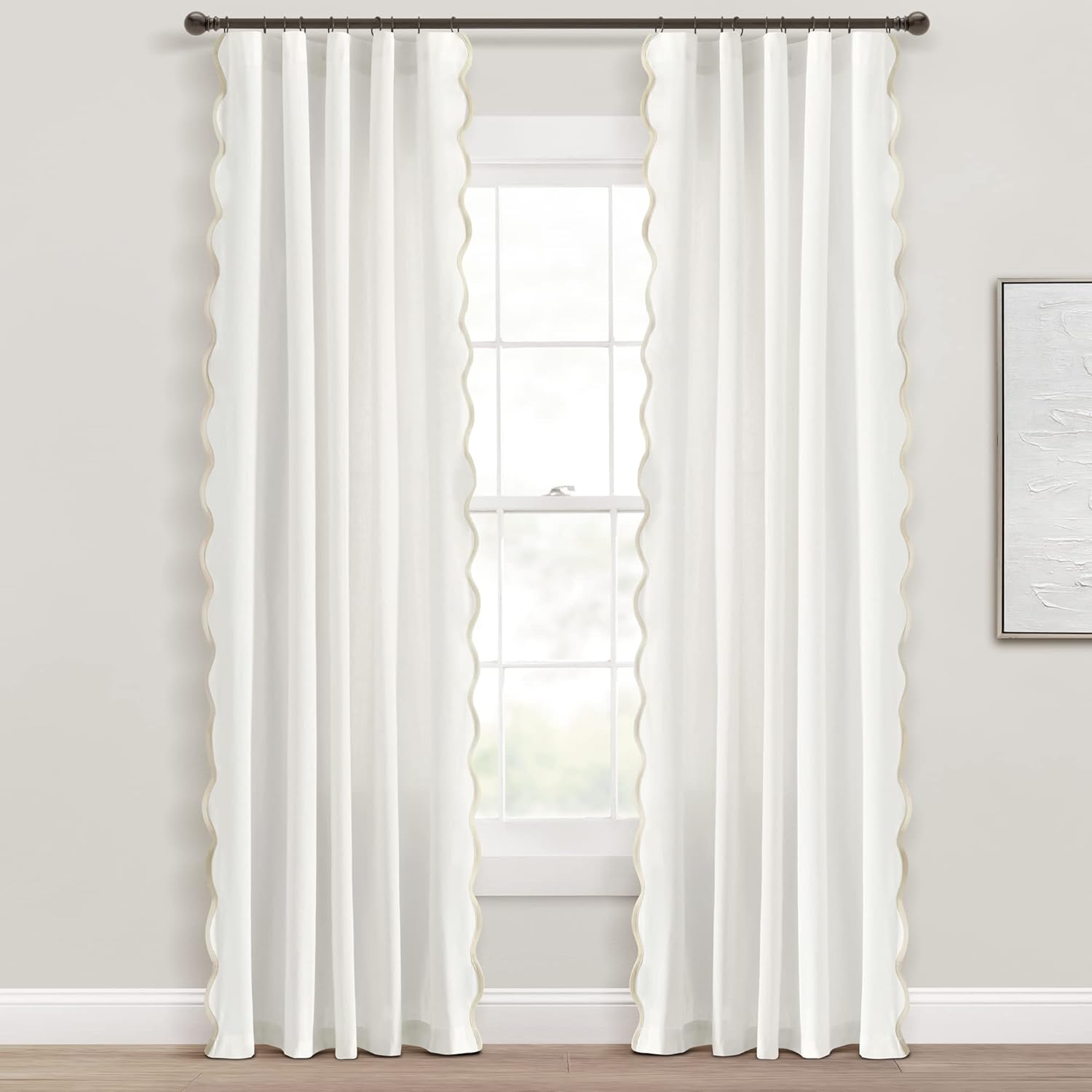 Lush Decor Coastal Chic Scalloped Edge Light Filtering Window Curtain Panels Pair, 52" W x 84" L, Neutral & White - White Curtains for Living Room - Coastal Decor