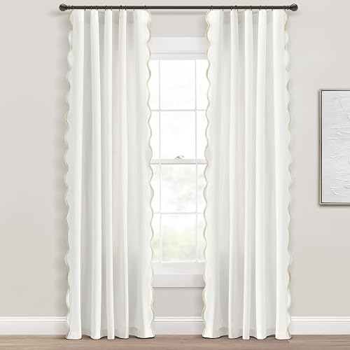 Lush Decor Coastal Chic Scalloped Edge Light Filtering Window Curtain Panels Pair, 52" W x 84" L, Neutral & White - White Curtains for Living Room - Coastal Decor