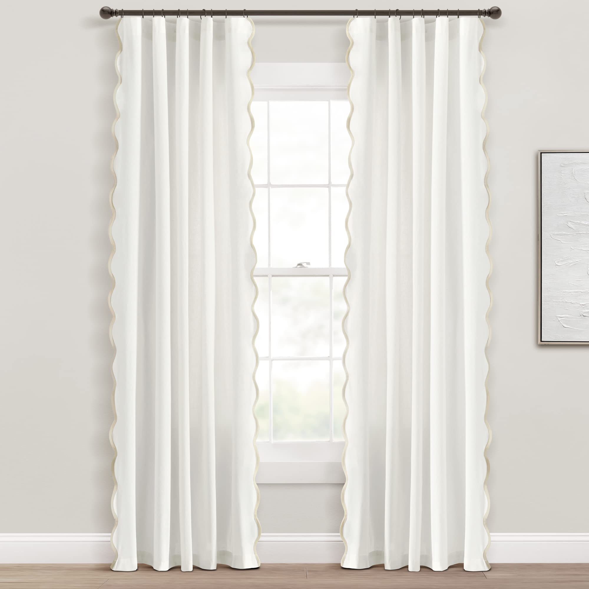 Lush DecorCoastal Chic Scalloped Edge Light Filtering Window Curtain Panels Pair, 52" W x 84" L, Neutral & White - White Curtains for Living Room - Coastal Decor