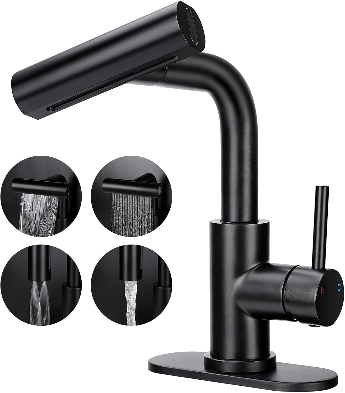 Bathroom Sink Faucet with 4 Mode Pull Down Sprayer, Matte Black Single Handle Pull Out Faucet with Pop-Up Drain, 1 or 3 Hole Laundry Bar Basin Faucet with Deck Plate