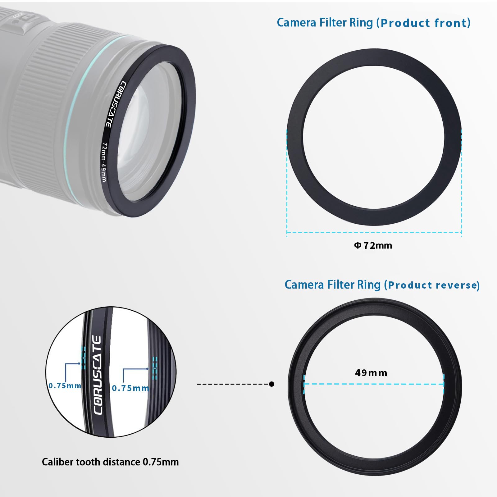 72mm to 49mm Step Down Ring Filter,Camera Lens Adapter,Change The Filter or Lens Size from 72mm to 49mm.Compatible All 49mm Thread Filter Accessory - Image 3