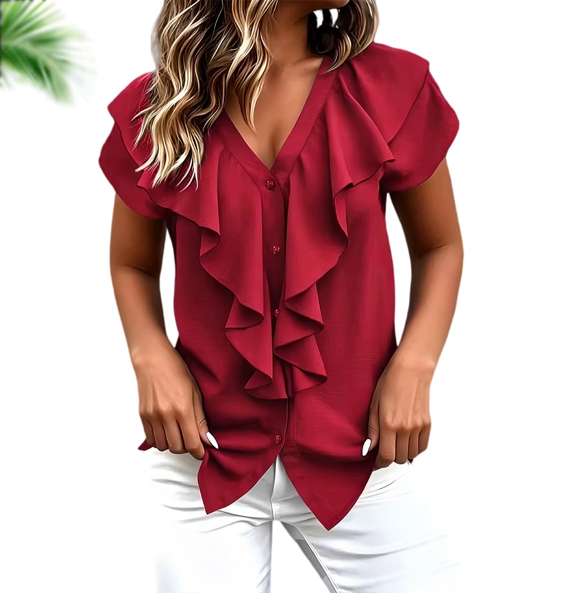 Camisa de Mujer Lisa, con Cuello en V, Manga Corta, Corte Holgado y Volantes; Estilo Casual, Veraniego, Abotonado, Elegante y Profesional para la Oficina