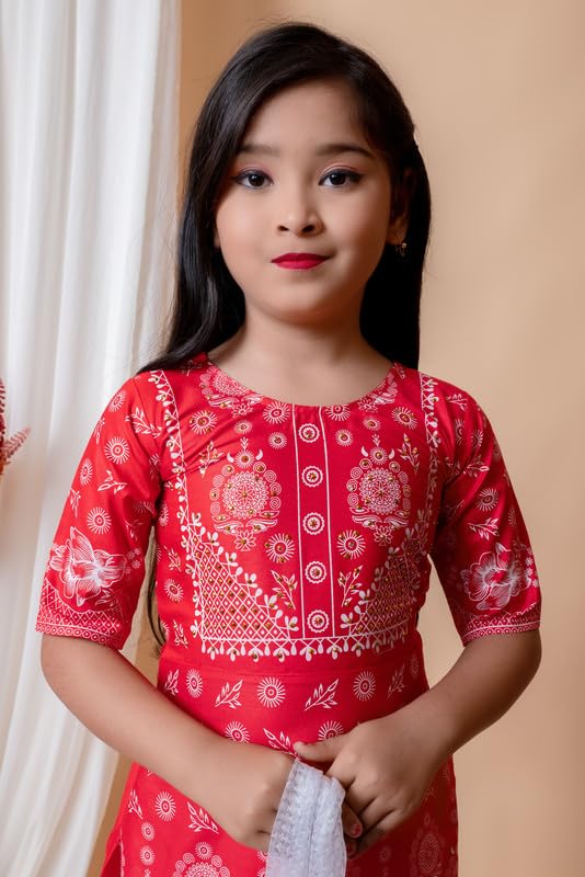 Image of Girls Ethnic Cotton Kurta and Straight Pant Set with Silky Dupatta