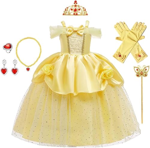 REXREII Disfraz de princesa Bella y la Bestia para niñas, Halloween, Navidad, fiesta de cumpleaños, vestido de noche con accesorios