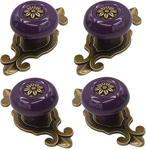 Kelier Pomos de cerámica retro para gabinete, 4 unidades Perillas vintage antiguas para cajones con placa trasera de bronce, manijas de gabinete