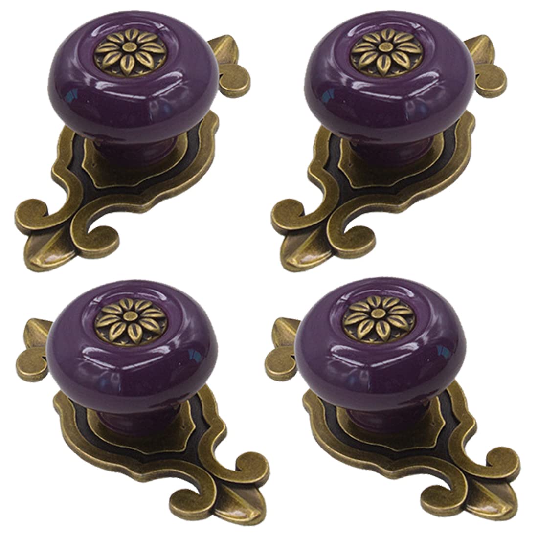 Kelier Bronze,Green,Purple Retro Ceramic Cabinet Knobs, [4 Pack] Vintage Antique Drawer Knobs With Backplate, Cabinet Pull Handles For Kitchen/Dresser Drawer/Cupboard/Wardrobe, Purple