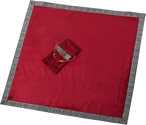 Miniatura 6 de BLESSUME Paño de mesa de tarot de altar de bruja y bolsa de tela de tarot de adivinación cuadrada (rojo)