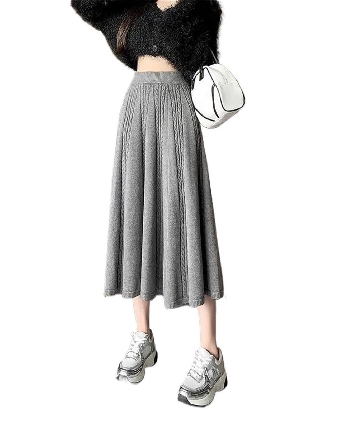 Womens Autumn and Winter Casual Midi Skirt Stretch High Waist A-Line Warm Knitted Pleated Work Skirt