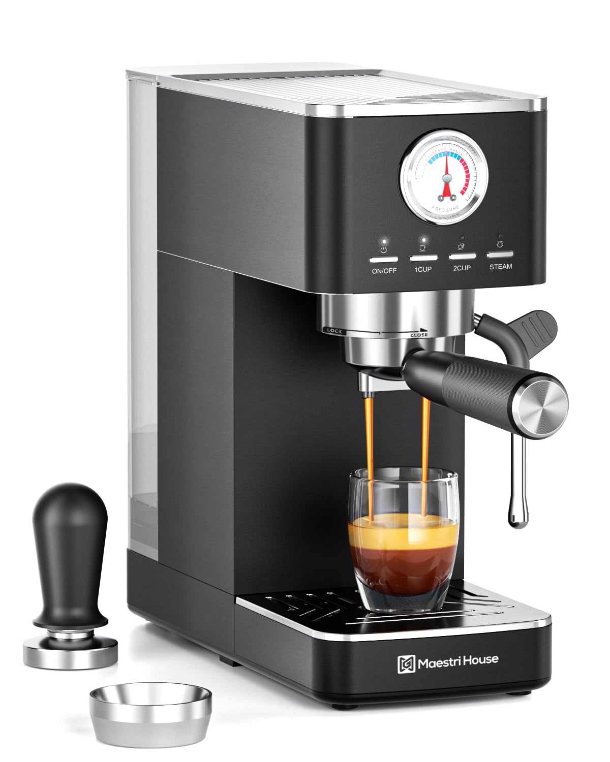 Maestri House Espresso Machine 20 Bar ULKA Pump Compact Espresso Maker Built-in Flow Meter Steam Milk Frother Stainless