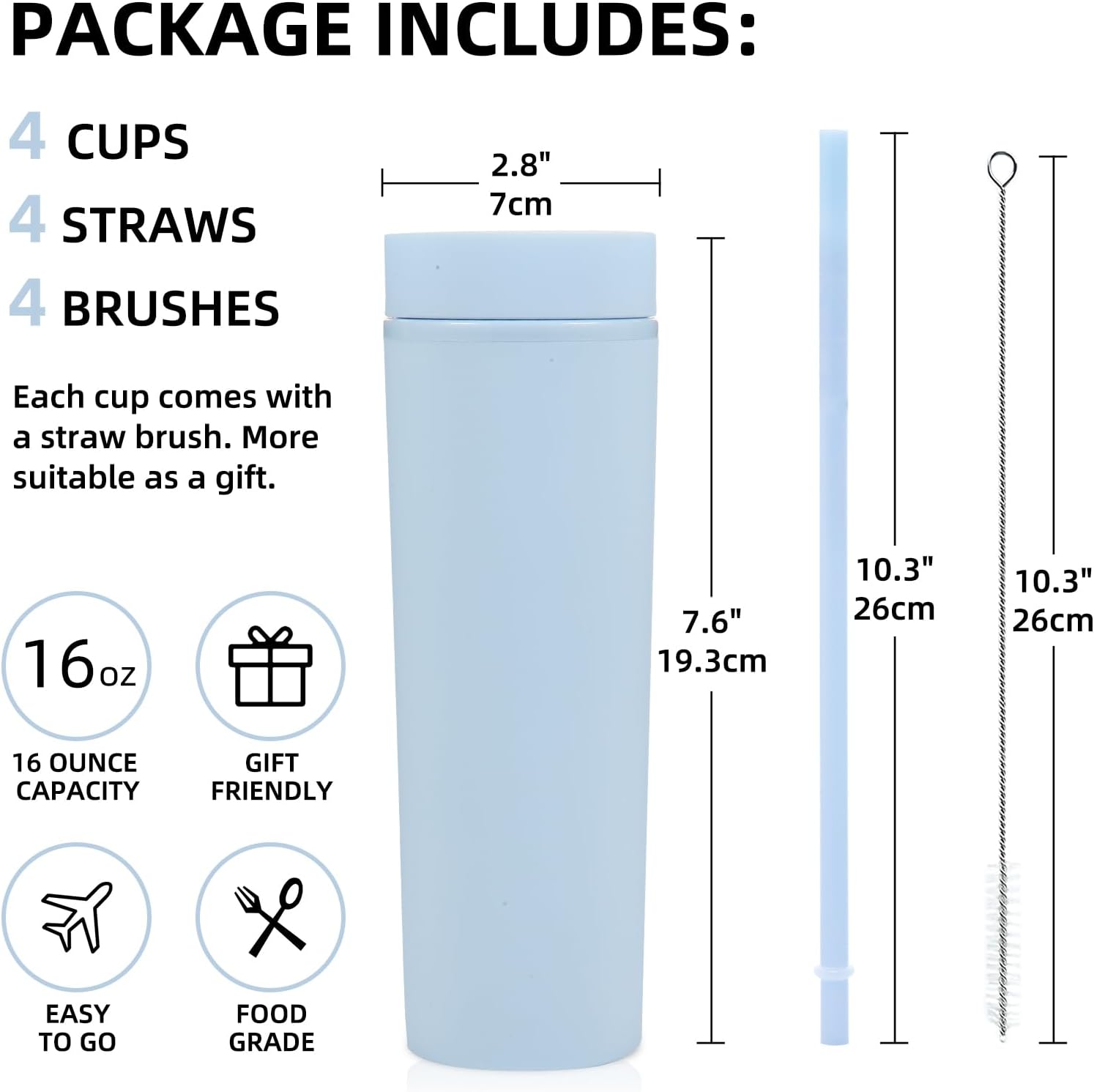 Volhoply 16oz Plastic Skinny Tumbler with Lid and Straw Bulk 10 Pack,Insulated Double Wall BPA Free Matte Acrylic Tumblers,Iced Coffee Travel Mug Reusable Party Cup,Customizable Diy Gifts(Blue,10 Set) - Image 2