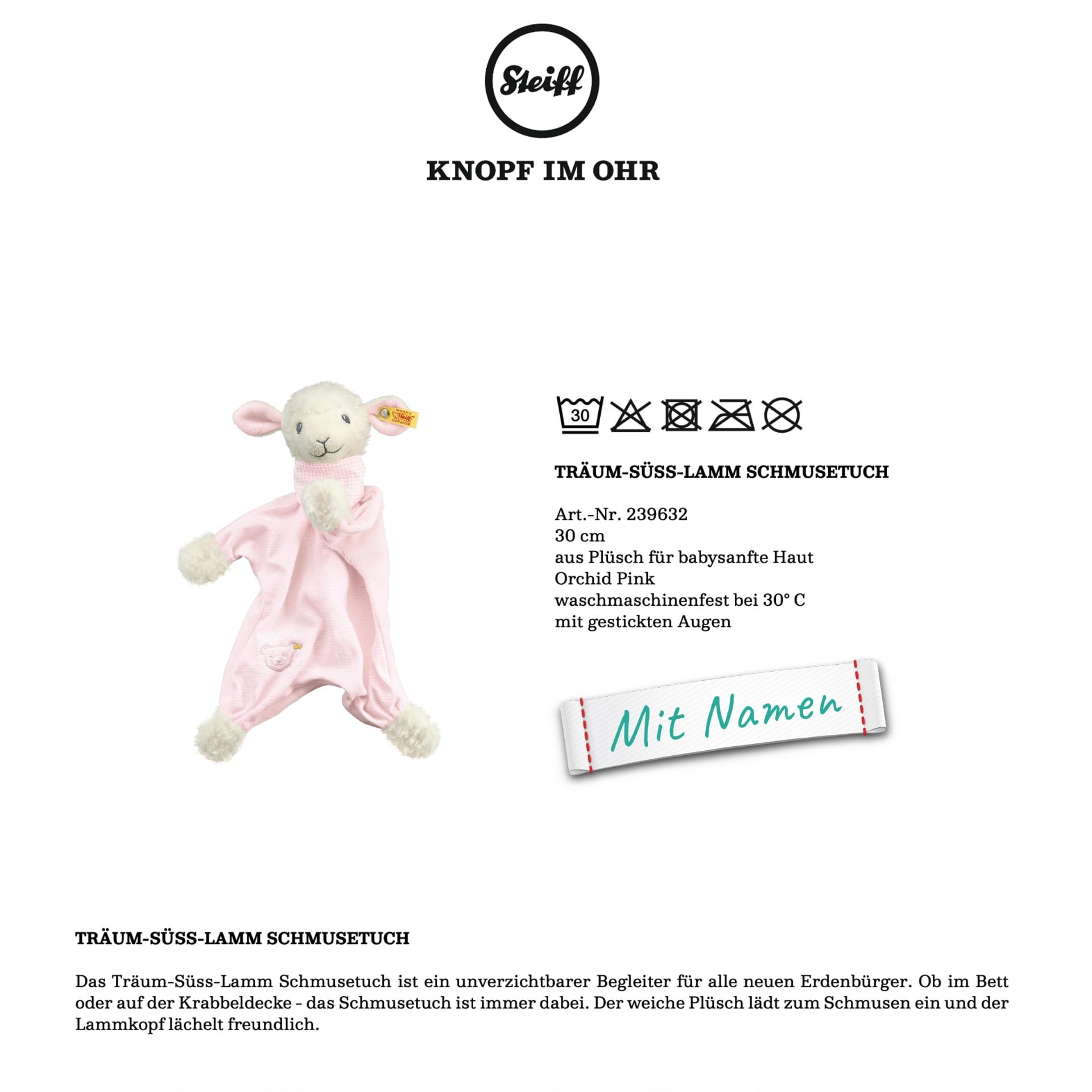 Steiff Träum-süß Lamm Schmusetuch mit Namen Bestickt, Baby & Kleinkinder Spielkamerad & Einschlafhilfe, Mädchen Stofftier Kuscheltuch Schnuffeltuch Kuscheltier