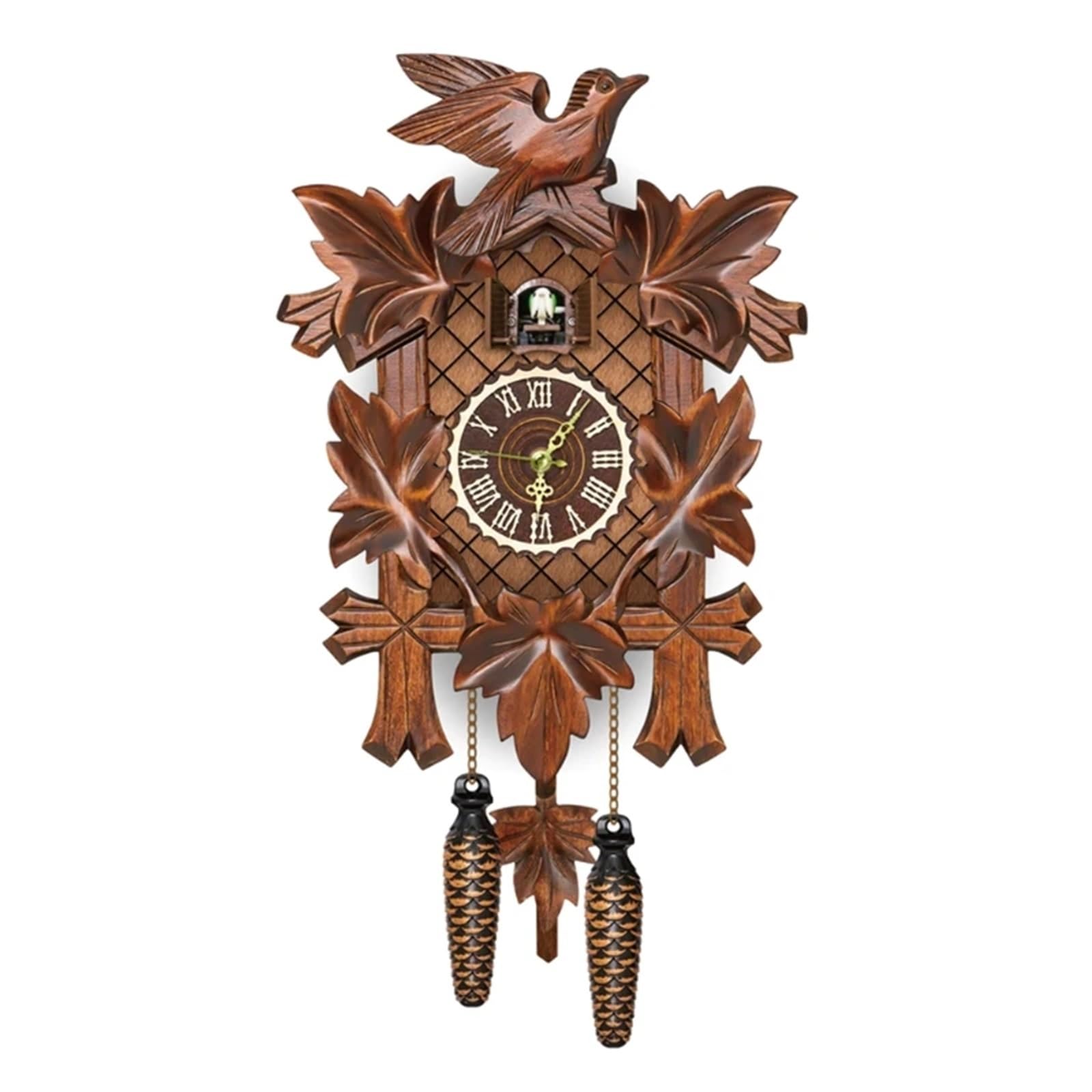 SNGUOQ Wooden Wall Clock Cuckoo Antique Pendulum Hanging Handcraft Swing Alarm Home Bedroom Decoration For Bedroom Office(Brown)