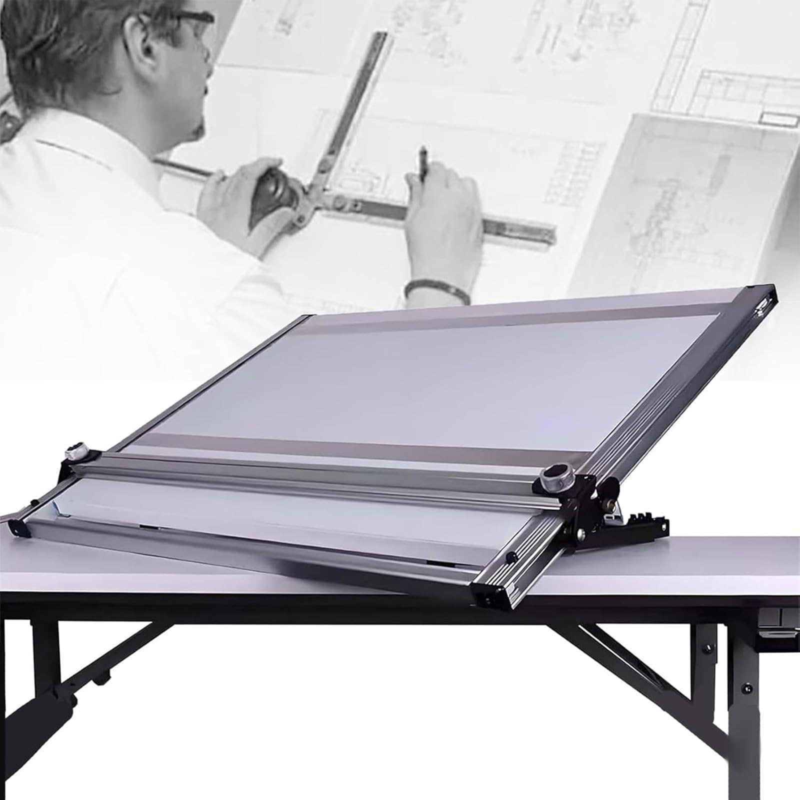 Adtzpc Architectural Drawing Board, A2 Portable Drafting Board with Parallel Motion Bar, 4 Stainless Steel Strips and Storage Bags, 6-Level Tilt Angle for Students, Architecture, Design Professionals