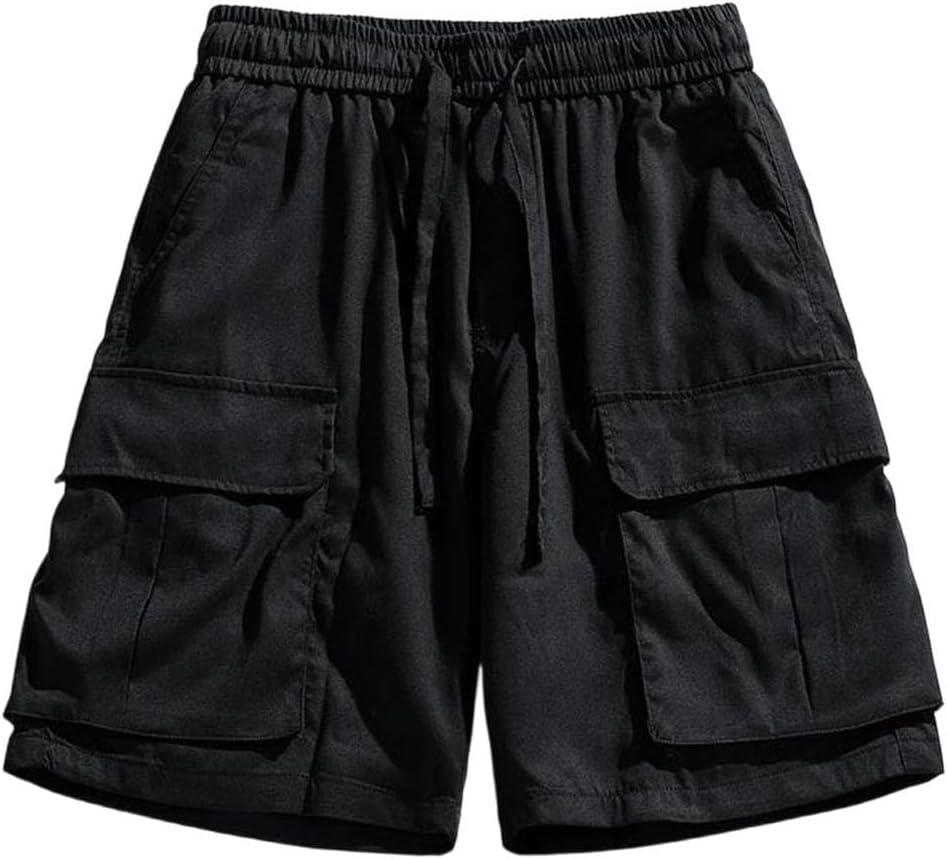 Men Summer Casual Elastic Waist Beach Multi Pocket Cargo Shorts